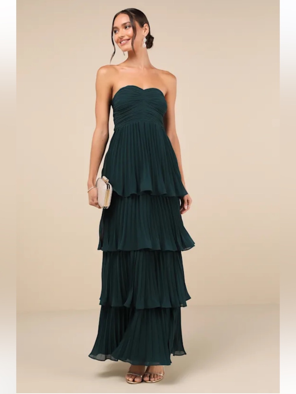 Lulus Seriously Sensational Emerald Green Strapless Tiered Maxi Dress Gown SZ L